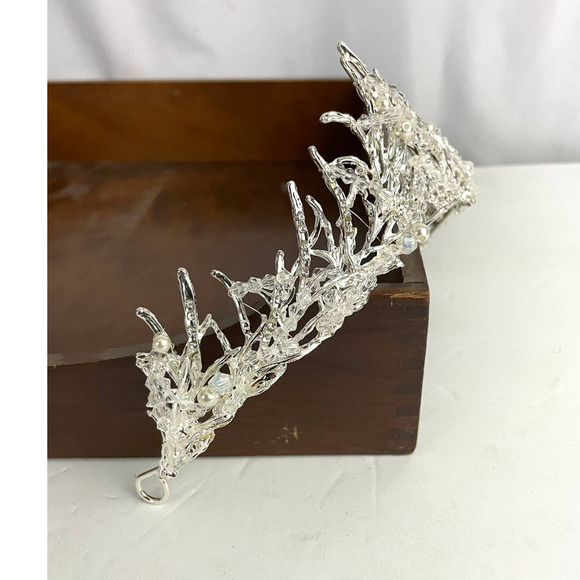 Clear Rhinestone Pearl Bead Silver Tone Metal Bridal Tiara Crown NEW - Picture 5 of 16